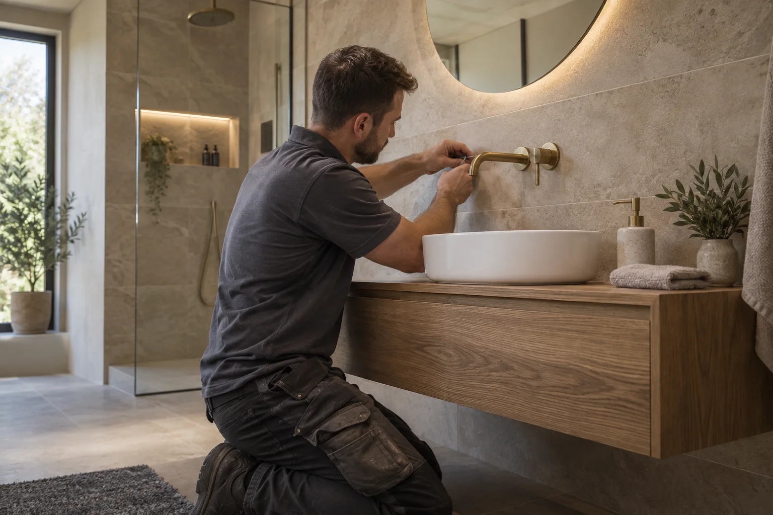 Professional bathroom fitter carefully installing a brass wall tap