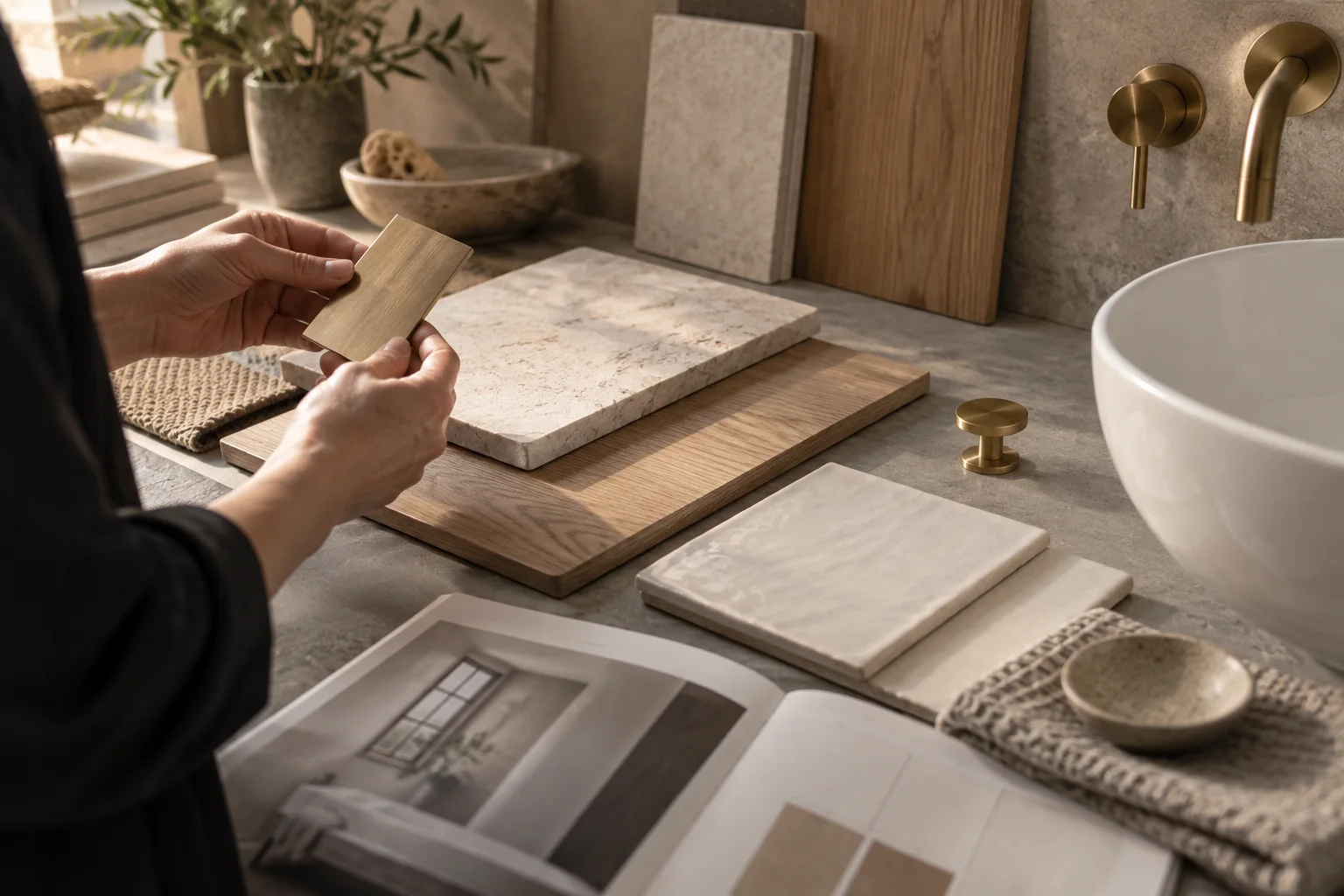 Bathroom specialist comparing brass, stone and timber finish samples